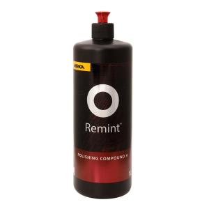 A 1 Litre black and red bottle of Mirka Remint Polishing Compound H againts a white background