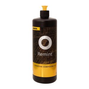 A 1 Litre black and yellow bottle of Mirka Remint Abrasive Compound 10 againts a white background
