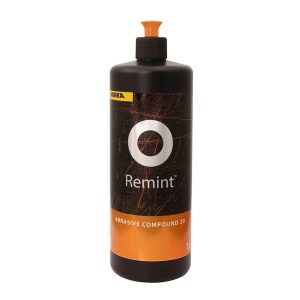 A 1 Litre black and orange bottle of Mirka Remint Abrasive Compound 20 againts a white background