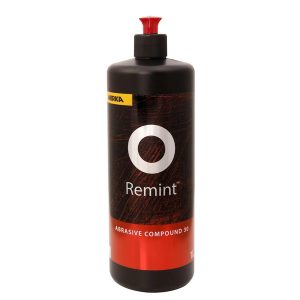 A 1 Litre black and red bottle of Mirka Remint Abrasive Compound 30 againts a white background