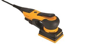 Yellow and black Deos electric sander against a white background