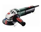 Green and red Metabo 7 inch angle grinder against a white background
