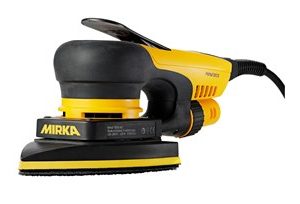 Side view of yellow and black Mirka DEOS Delta Sander